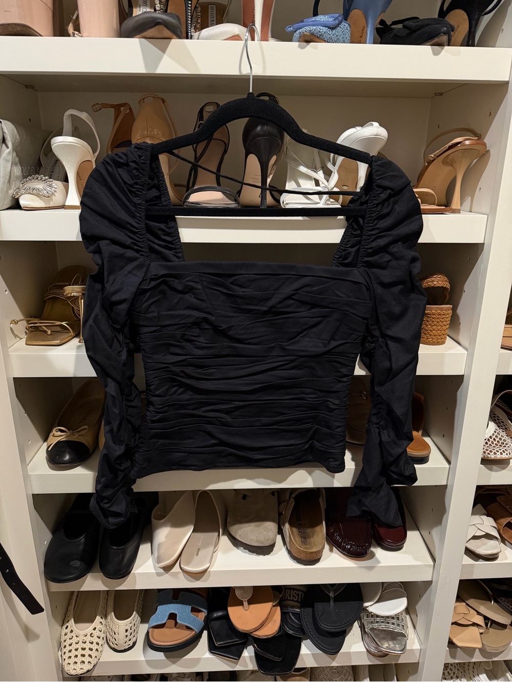 Reformation Black Ruched Square-Neck Long Sleeve Blouse